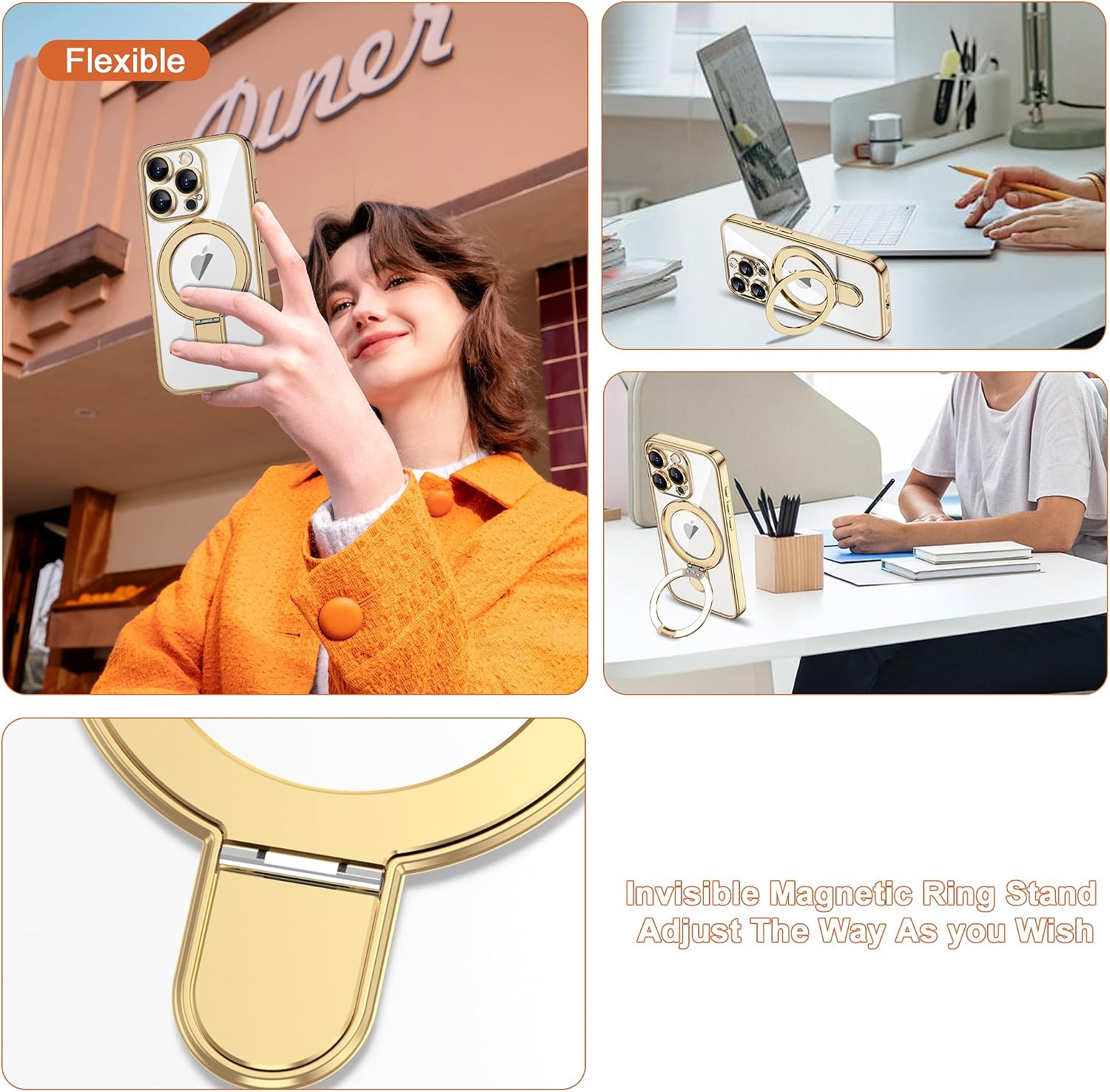Detalle 2 de ETPESOK 1-EE-AKN-iphone14PRO-TDZD-GD Clear iPhone 14 Pro Case, Gold Trim, Ring Stand