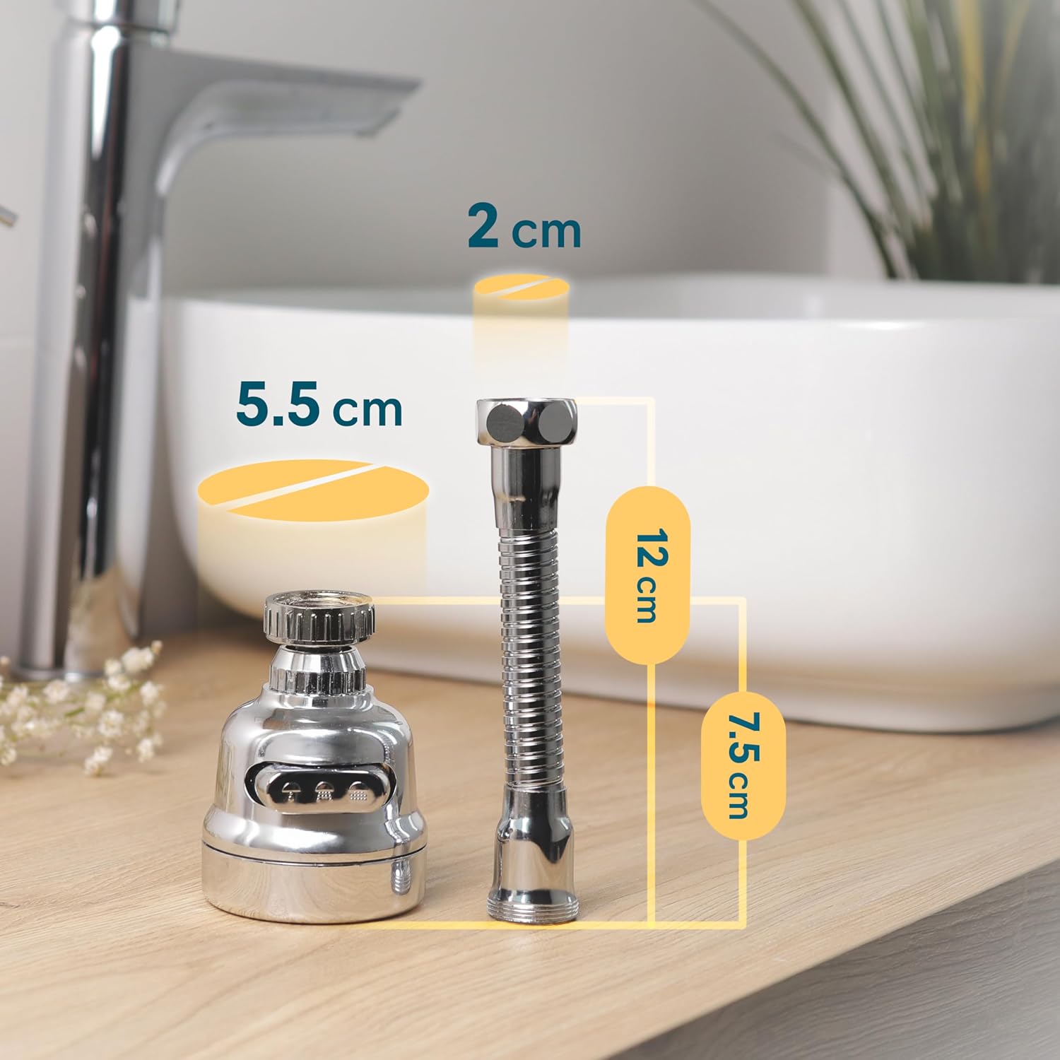 Detalle 2 de Aeratore rubinetto cucina con snodo 360° universale, rompigetto antispruzzo e prolunga con adattatore Generico