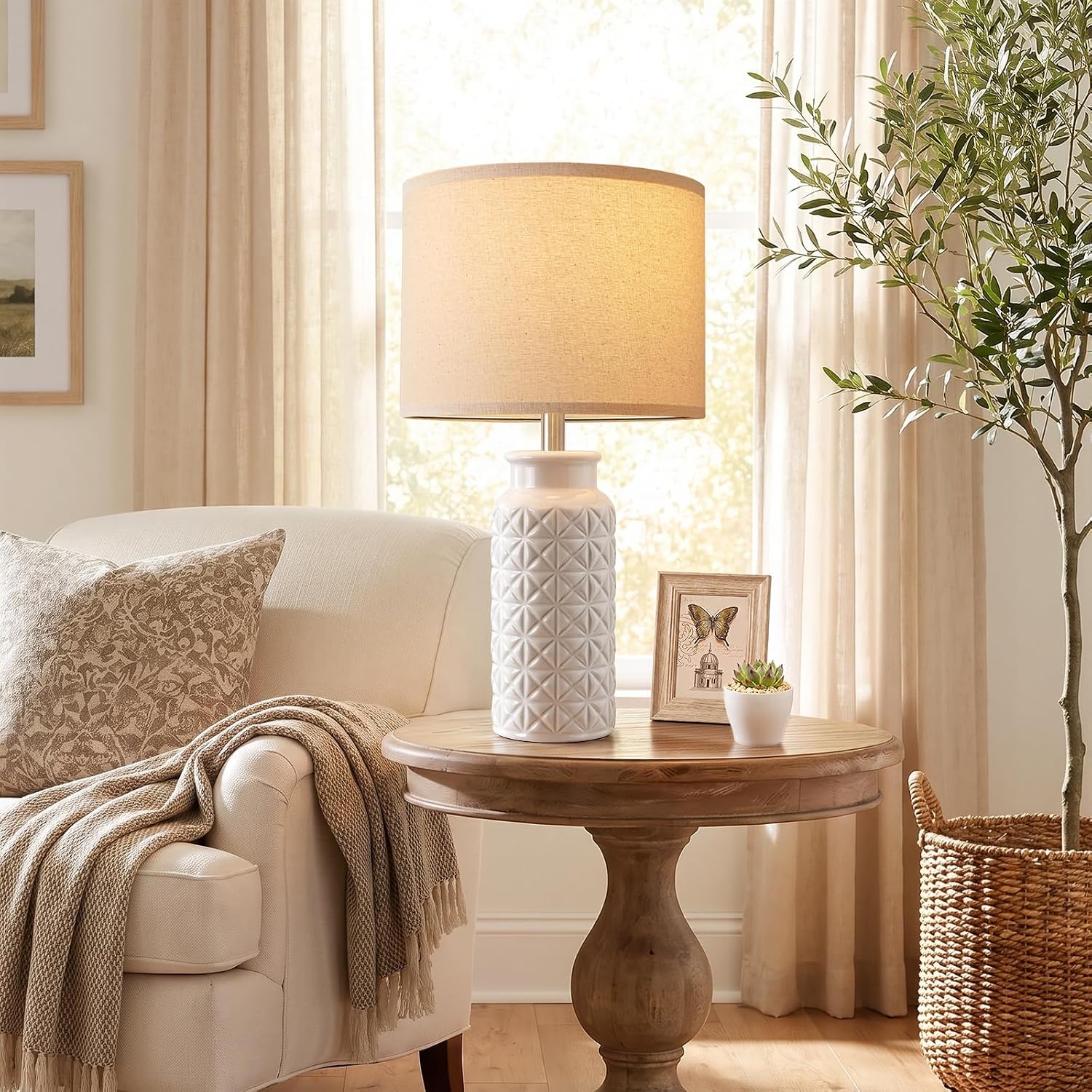 Thumbnail 6 de Innqoo 22.6-Inch Ceramic Table Lamps, Set of 2, White Linen Shades