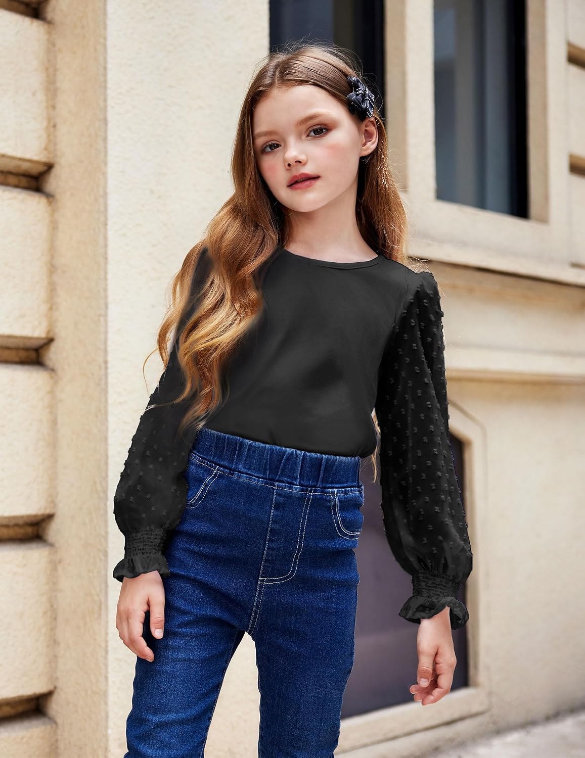 Detalle de Chemise manches longues fille Arshiner (5 à 12 ans) en coton mélangé avec poignets à volants et col rond