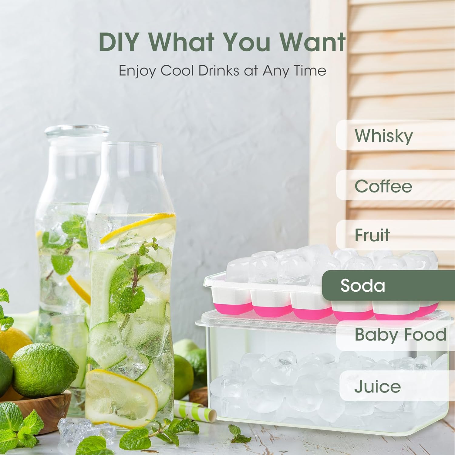Detalle de DOQAUS 4-Pack Ice Cube Trays with Lid and Bin – Stackable Silicone Ice Tray System