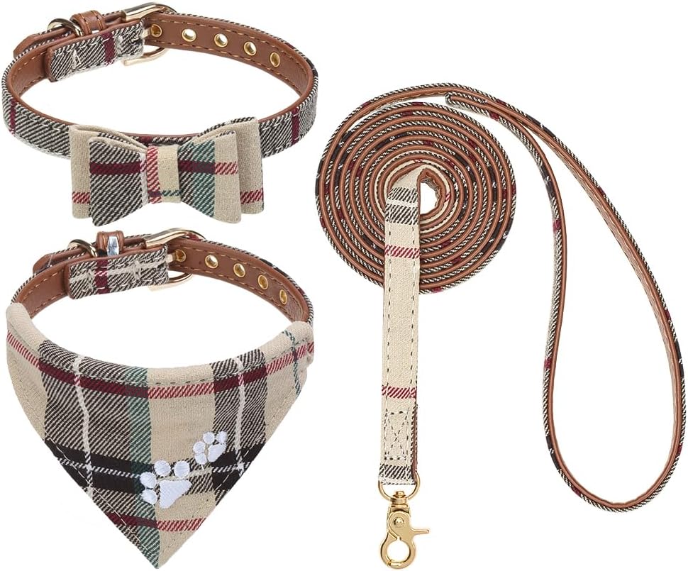 Detalle de EXPAWLORER Classic Plaid Dog Collar with Bow Tie and Pawprint Bandana – Brown, Medium