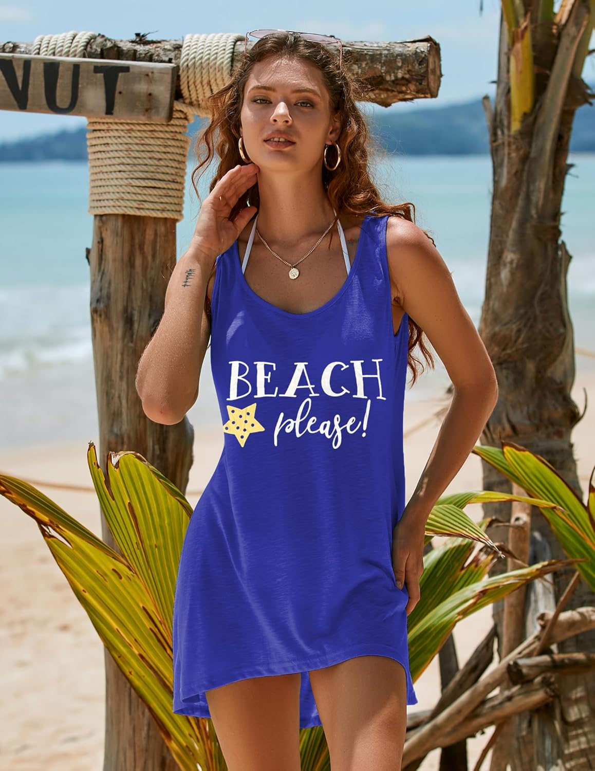 Detalle de Ekouaer Bikini Cover Up Summer : Robe de Plage sans Manches, ample et légère