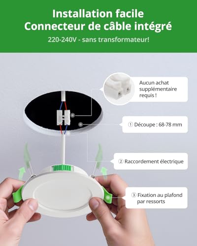 Detalle de HOMEOW Lot de 20 Spot LED Encastrable Extra Plat 5W – 68–80 mm, IP44, Blancs T° 2700/4000/6000K