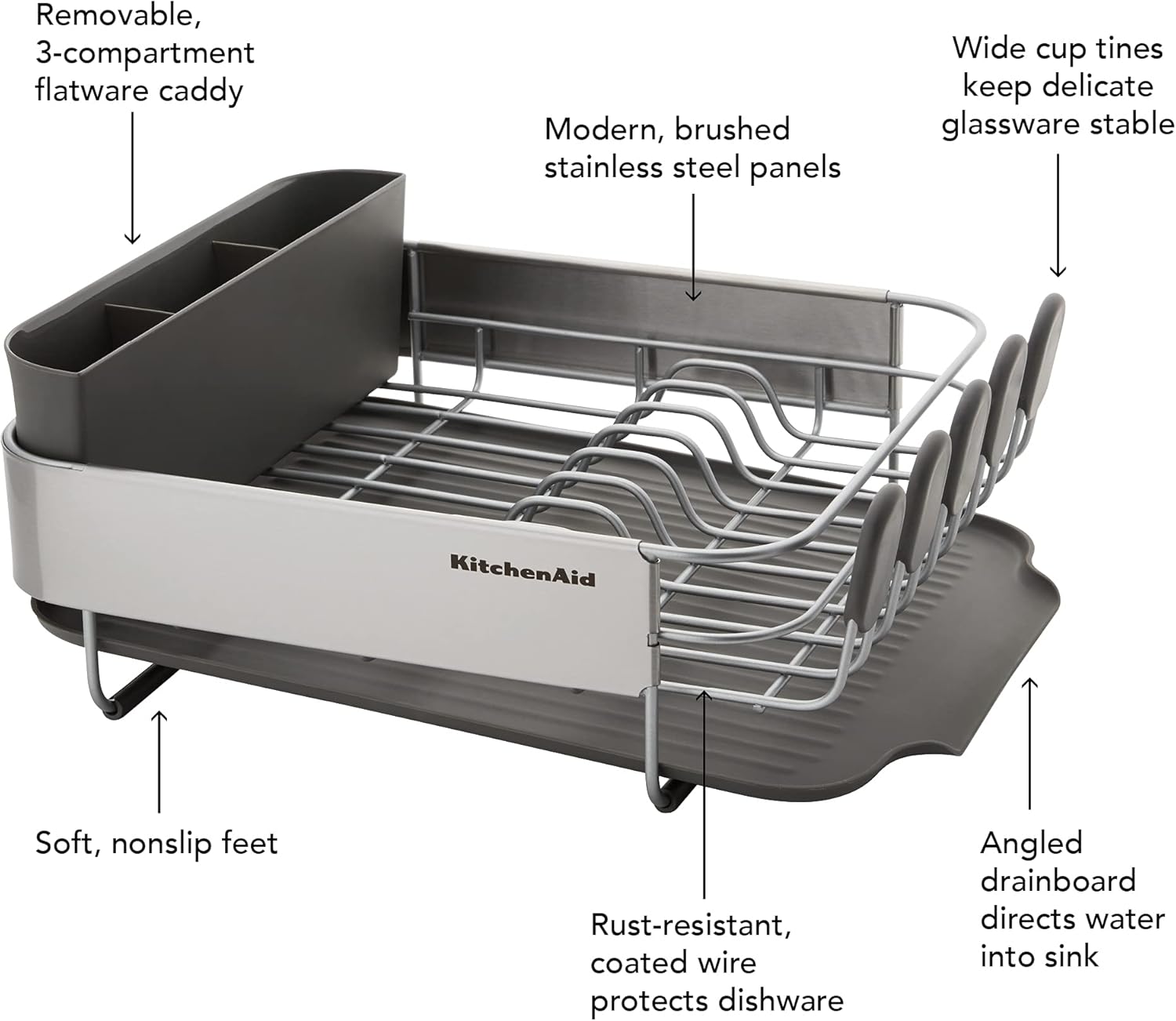 Detalle de KitchenAid Compact Space Saving Rust Resistant Dish Rack (Angled Self-Draining Drainboard) with Removable Flatware Caddy, Gray