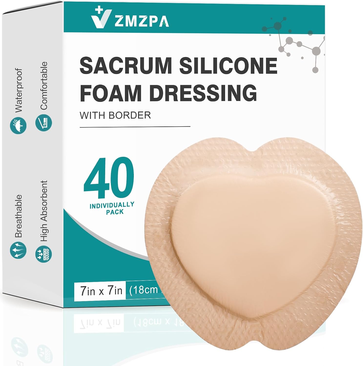 Detalle de ZMZPA 7 x 7-Inch Sacral Silicone Foam Dressing with Border, 40 Count