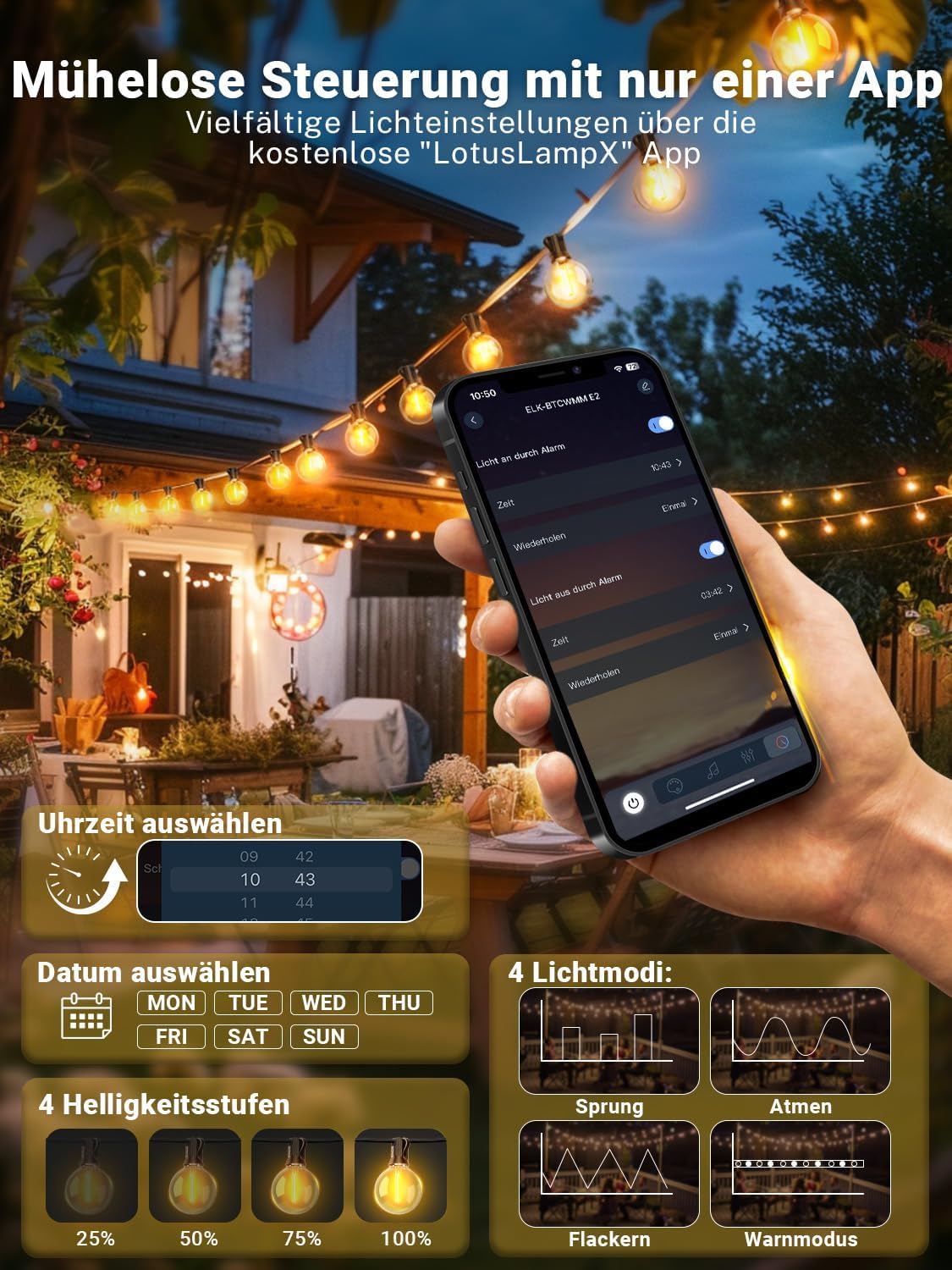 Thumbnail 1 de Lichterkette Außen mit App-Steuerung, 30 m – G40 LED, Musik-Sync, IP44, 24 V