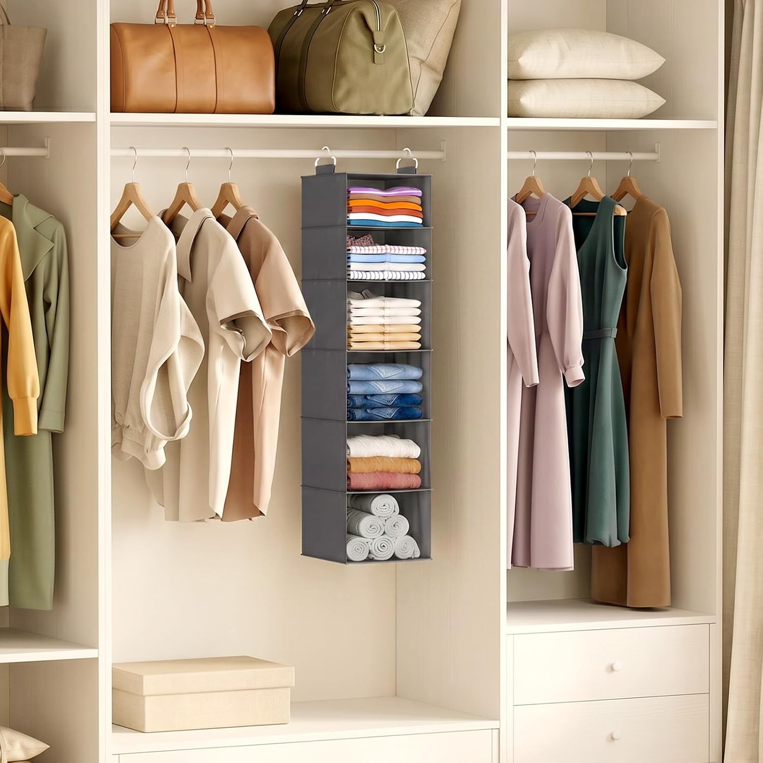 Detalle 2 de Lifewit 25081 Hanging Wardrobe Organiser, 6 Shelves, Foldable, Grey, 2 Pack
