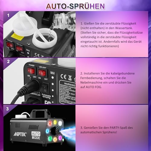Detalle de AGPTEK Nebelmaschine Nebel Maschine mit Fernbedienung und LED Licht – kompakte Lösung für Veranstaltungen