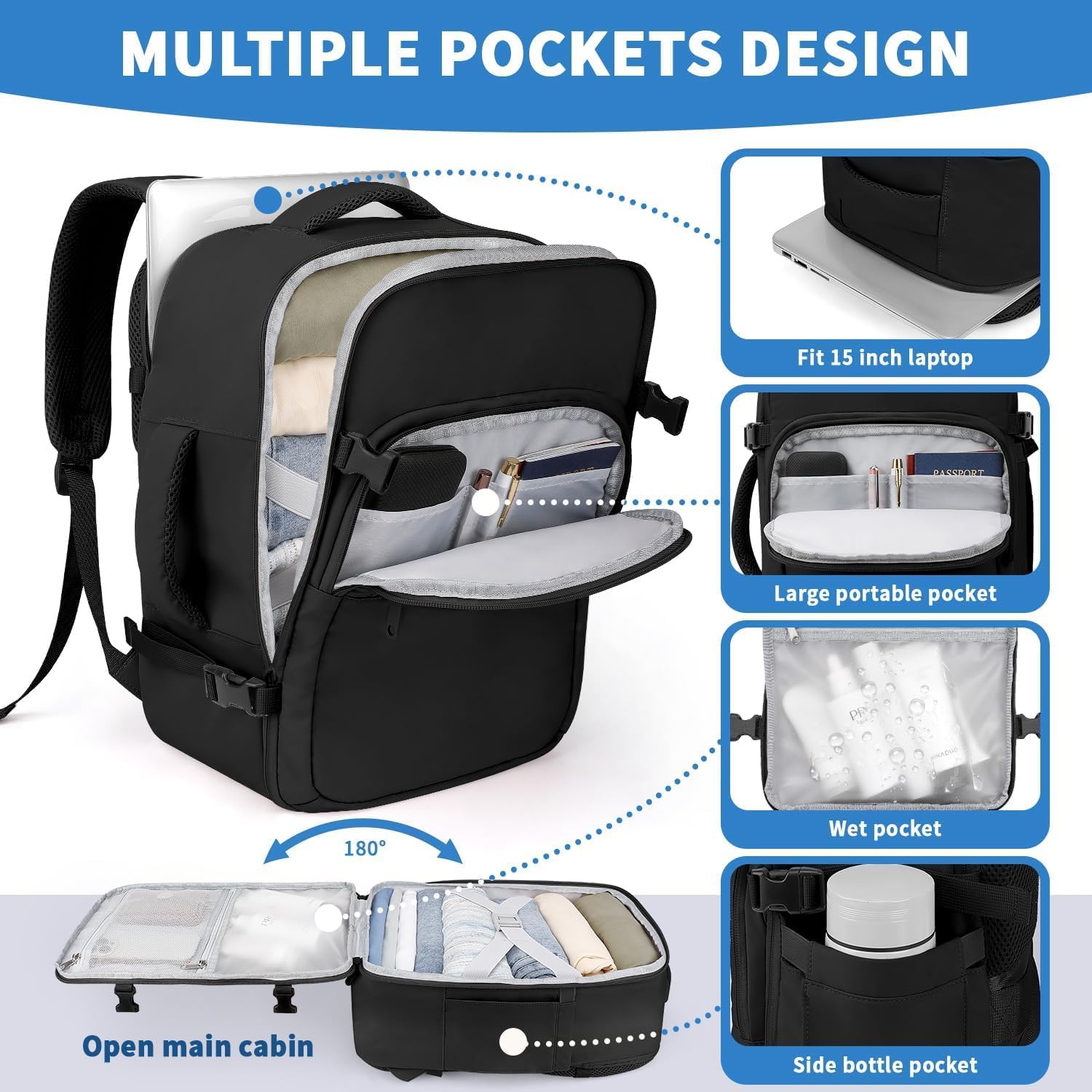 Thumbnail 2 de Handbagagerugzak 45 x 36 x 20 cm, 32 liter, laptopvak, zwart