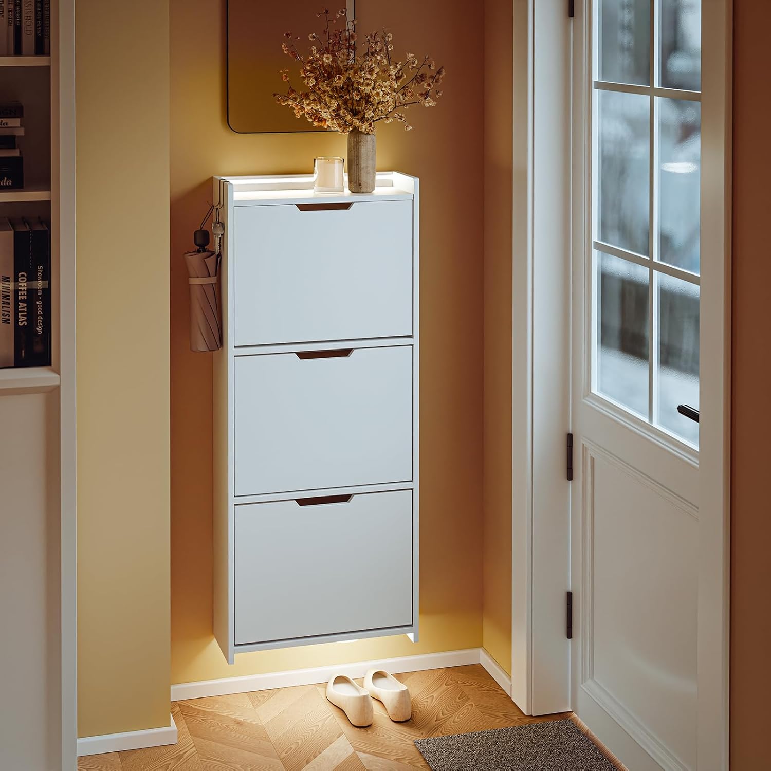 Detalle de SoBuy FSR151-H-E-W — Meuble Chaussure Entree blanc avec LED, 50 x 19 x 131 cm
