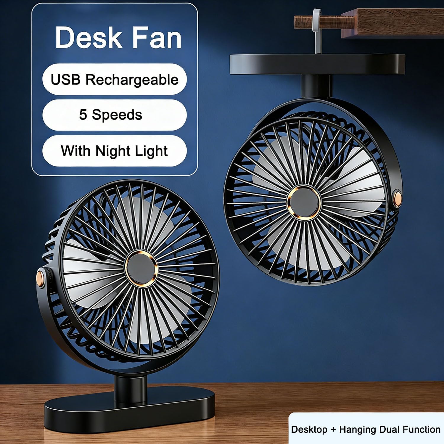 Detalle 2 de USB Desk Fan with Night Light — Small, Quiet, 5 Speeds and 720° Rotation