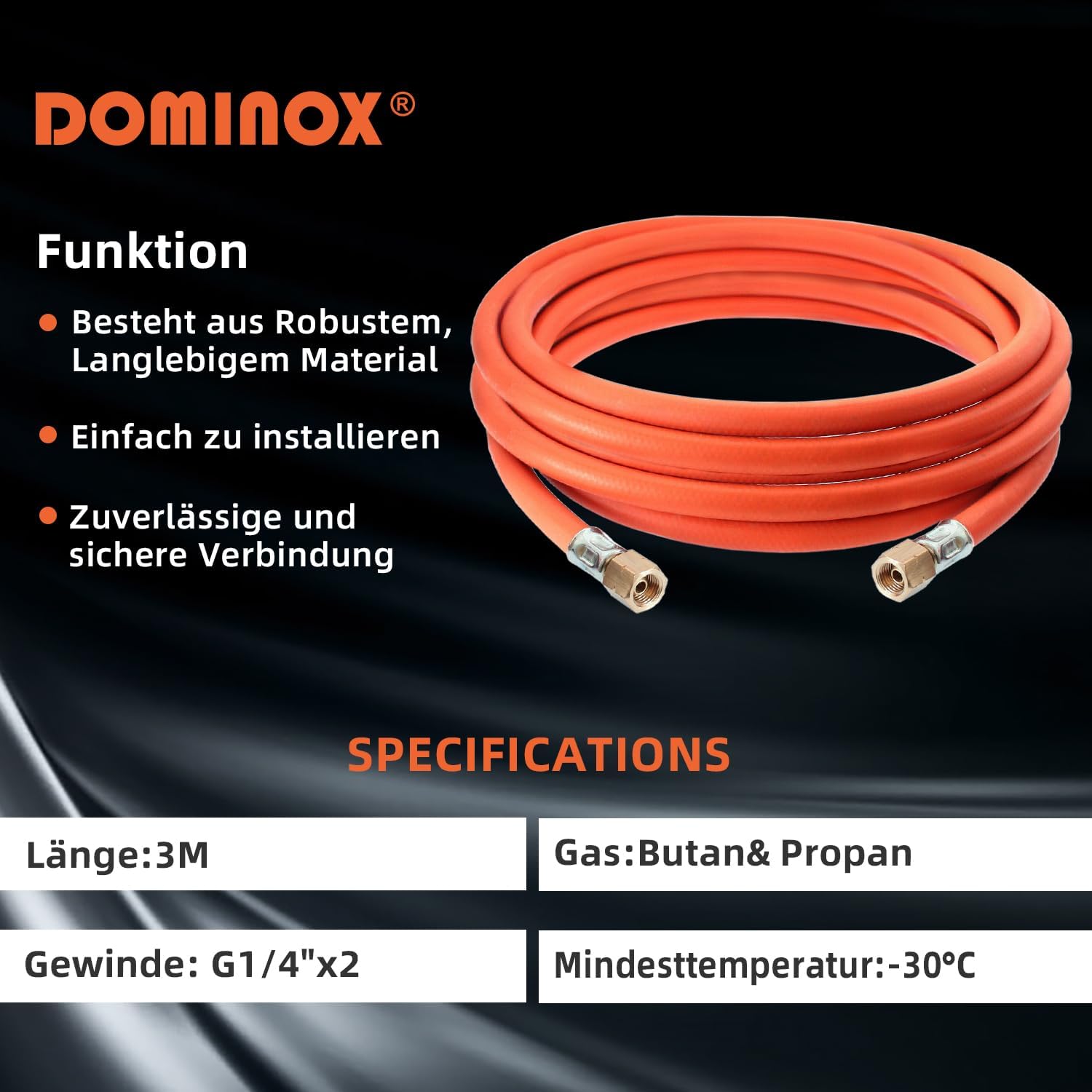 Thumbnail 5 de DOMINOX Industrieller Gasschlauch 3 m (Propan/Butan) mit Schelle – 2× G1/4