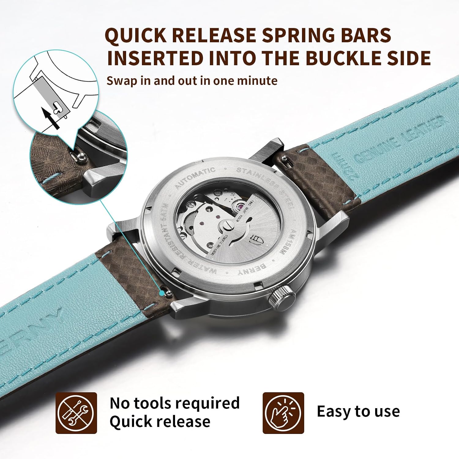 Thumbnail 4 de BERNY Quick Release Echtleder Uhrenarmband – modisches Raster Muster, 20 mm/22 mm