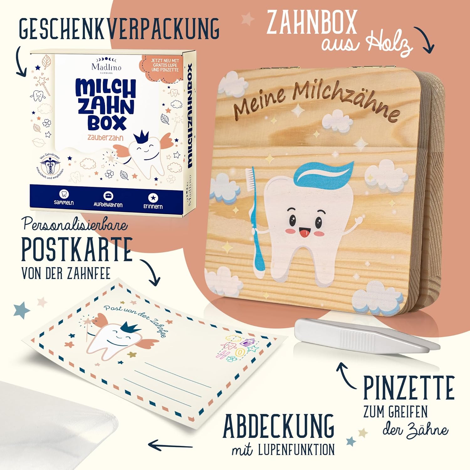 Thumbnail 3 de Madlino Zahndose Milchzähne – handgefertigte Holzbox mit Zahnfee-Brief und Lupe