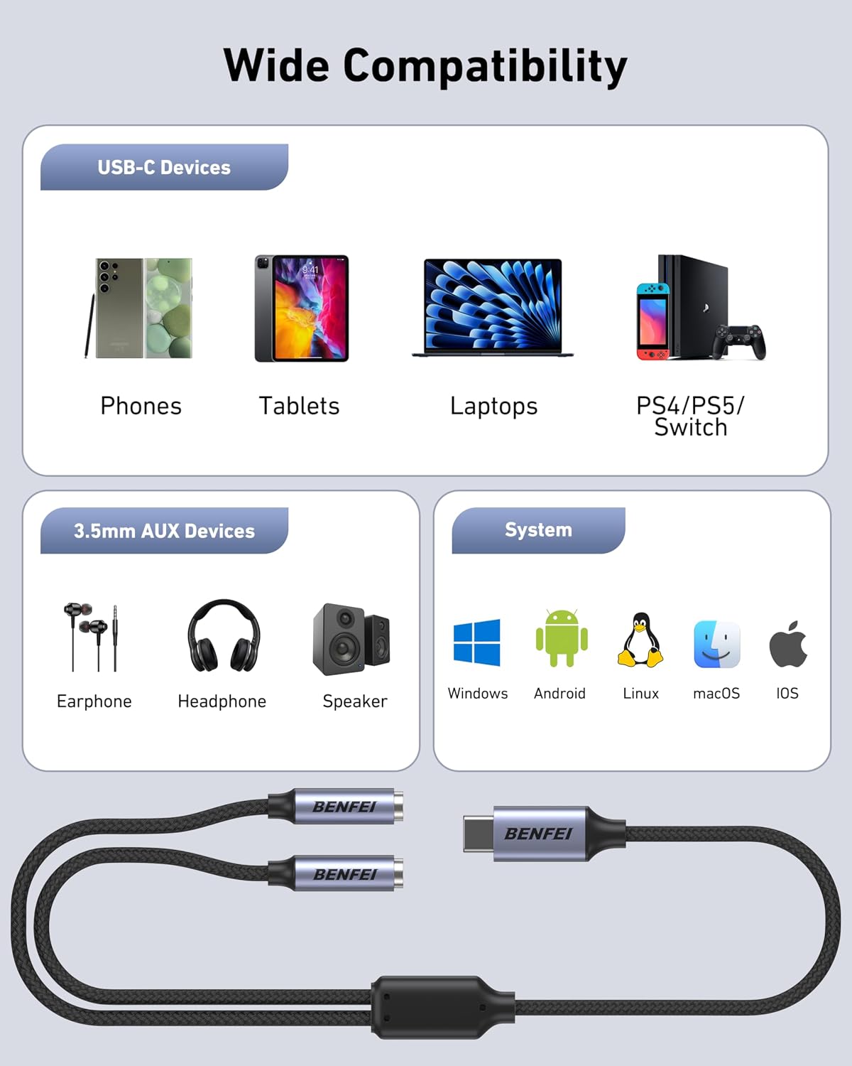 Detalle 2 de BENFEI Splitter audio USB-C a doppio jack 3,5 mm: ascolto condiviso per due persone