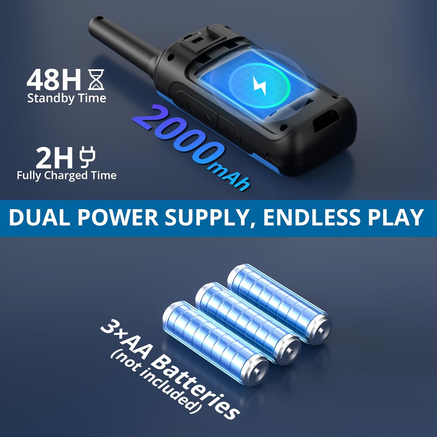 Detalle 2 de Radioddity PR-T8 : lot de 3 talkies-walkies PMR446 pour enfants, rechargeables (batterie 2000 mAh)