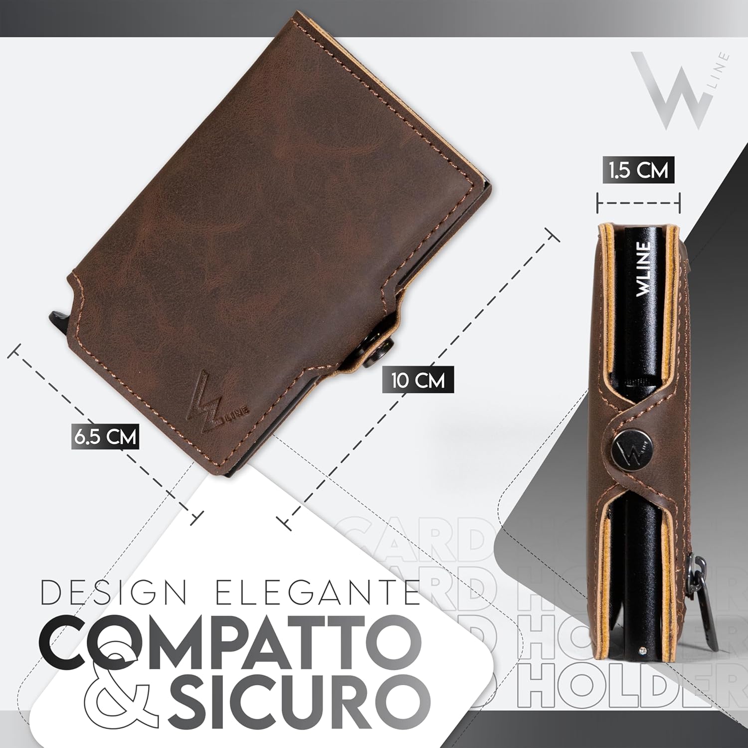 Detalle de WLine Portafoglio Uomo Slim con Portamonete RFID – Marrone Scuro Vintage con Zip, 6 tessere, chiusura a bottone