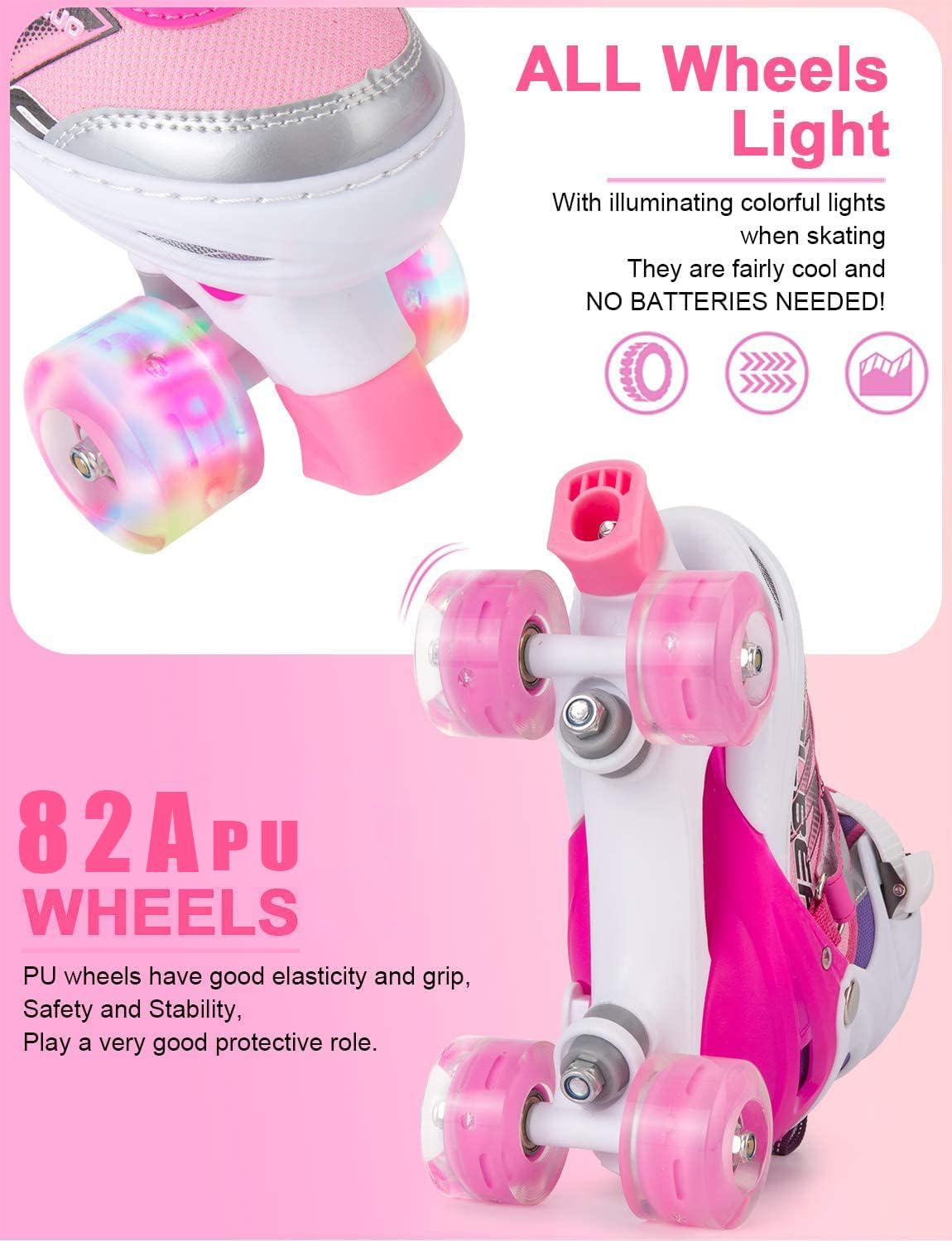 Detalle de Sowume Adjustable Roller Skates for Girls and Women (Light-Up 8-Wheel, ABEC-7) — Adjustable Kids’ Roller Skates