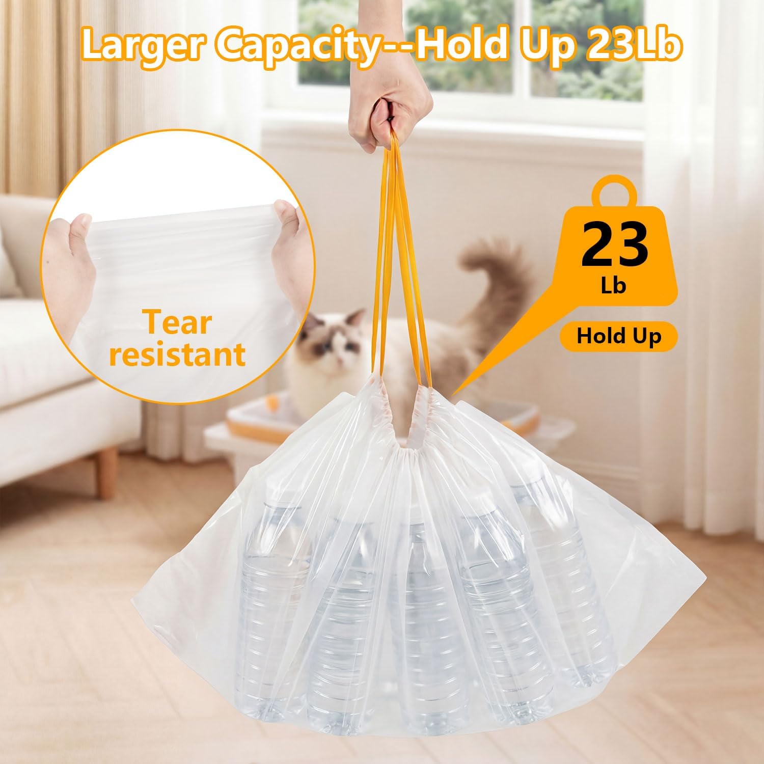 Detalle 1 de BOOWOO Litter Box Bags, 25.19 x 11.8 in, 120 Count, Unscented Drawstring