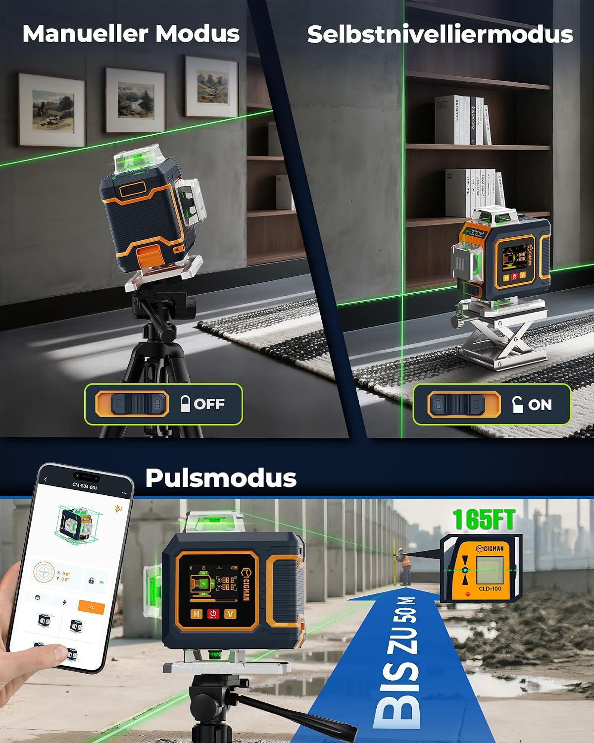 Detalle de CIGMAN Kreuzlinienlaser CM-S04 (grün) mit App-Steuerung – selbstnivellierend, 4×360° und LCD-Display