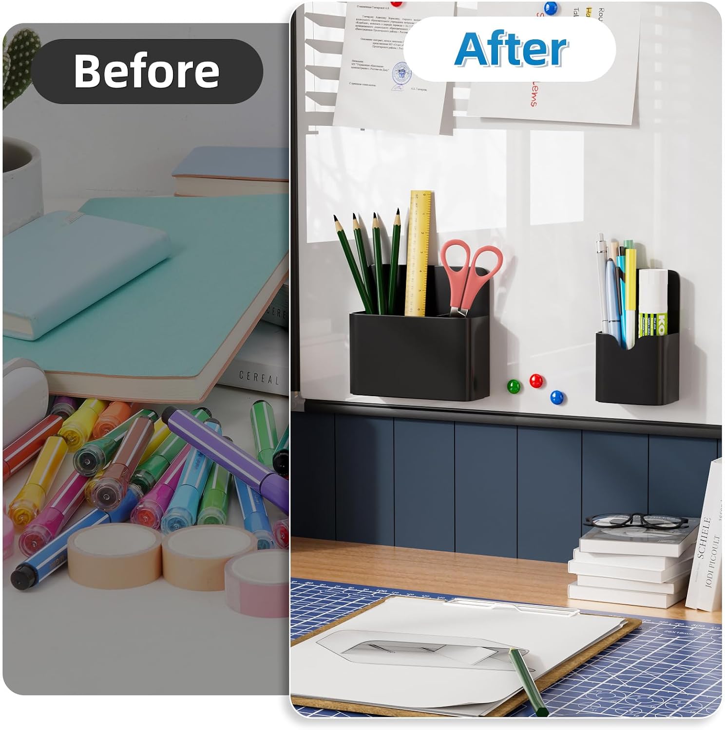 Detalle de Marbrasse Dry Erase Marker Holder, 2-Pack Magnetic Black Organizer