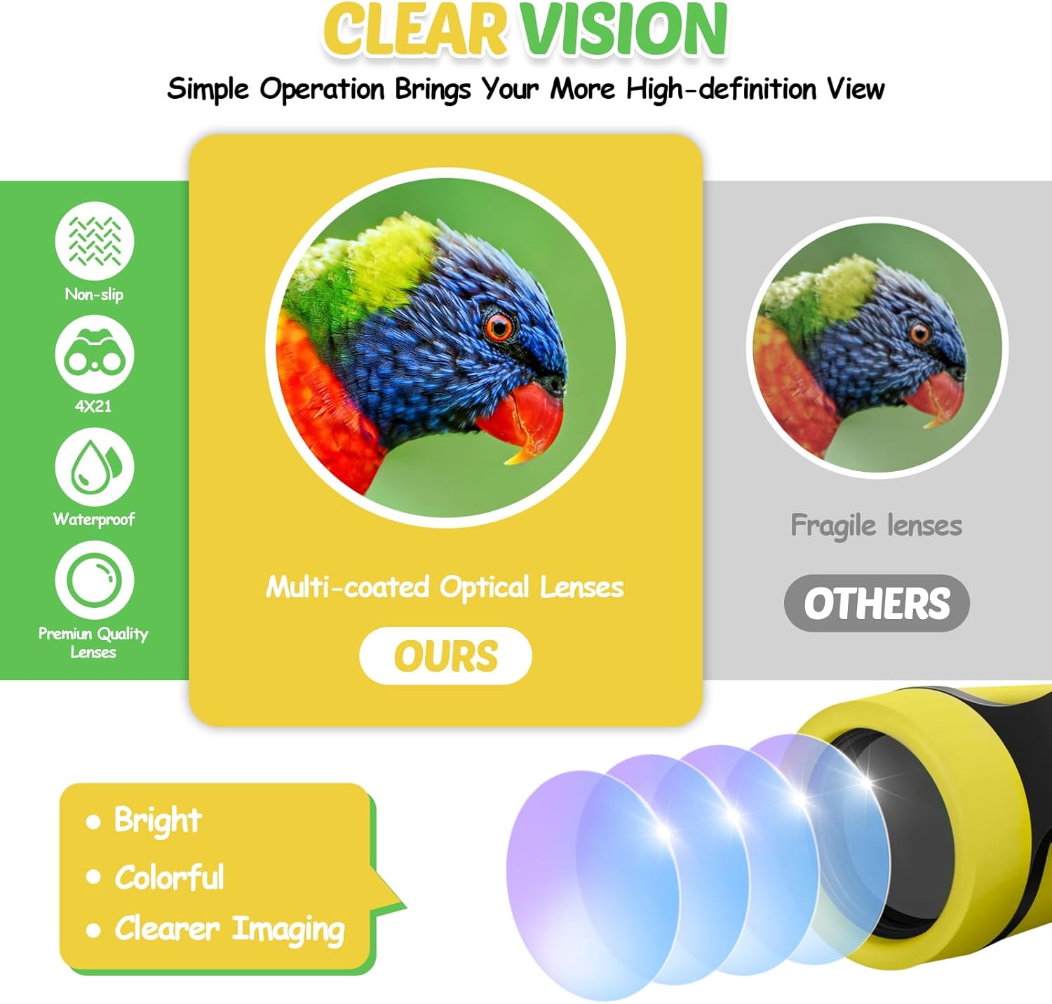 Detalle de Binoculars for Kids with Compass, Magnifying Glass and Accessories (Yellow) – Ideal 3–8 Year Old Explorers