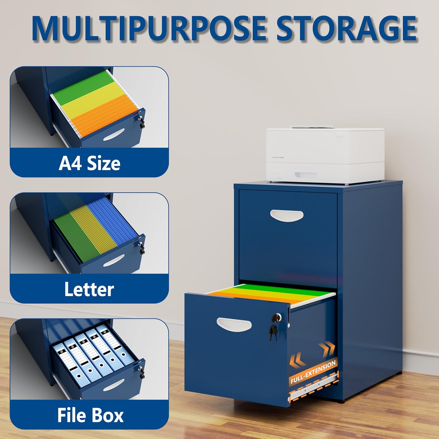 Detalle de Polup PP-ZKJJX-Blue-2F-FBM 2-Drawer Metal File Cabinet, Blue