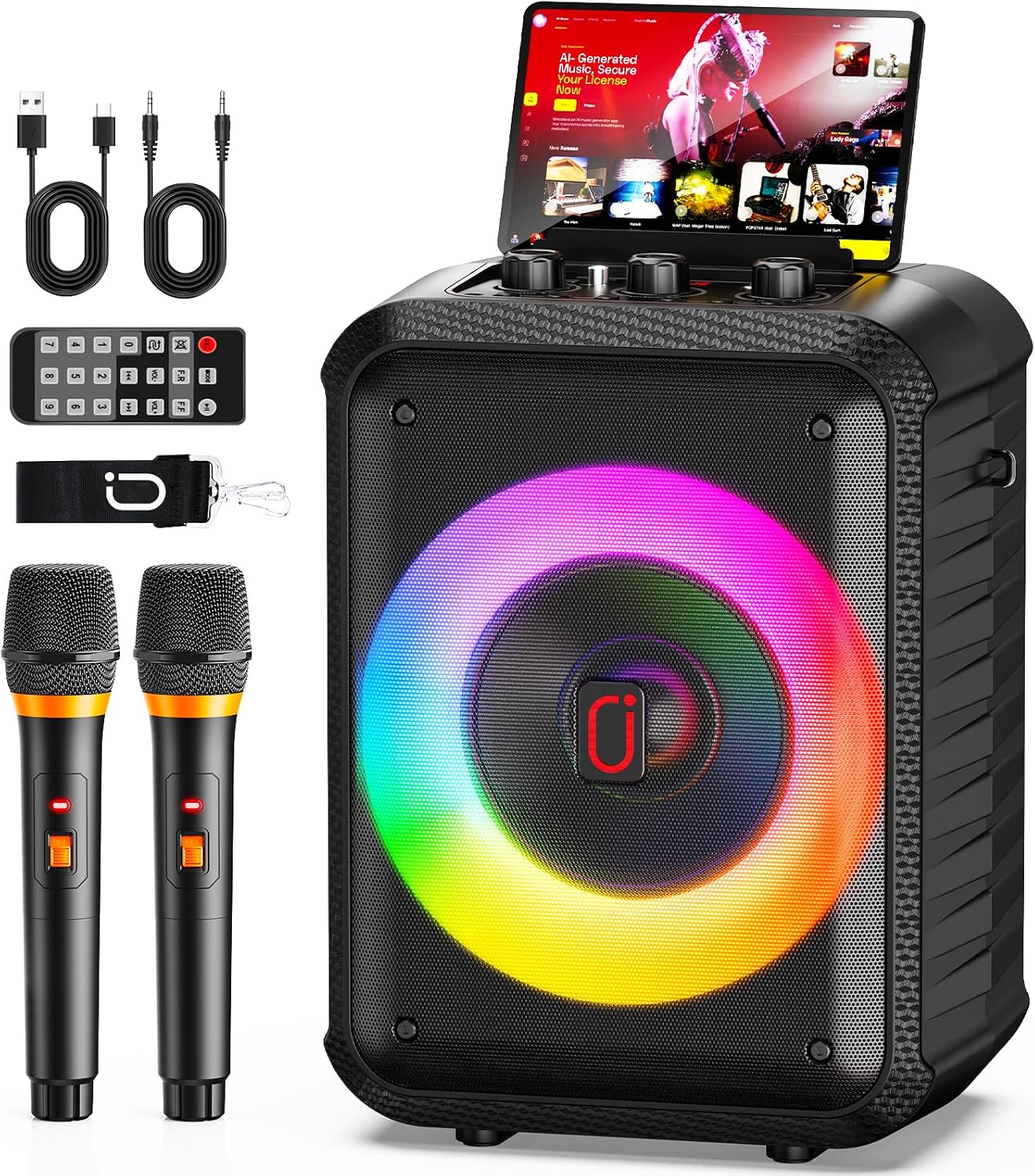 HWWR Máquina de karaoke: altavoz PA portátil con 2 micrófonos, luces RGB y Bluetooth 5.3