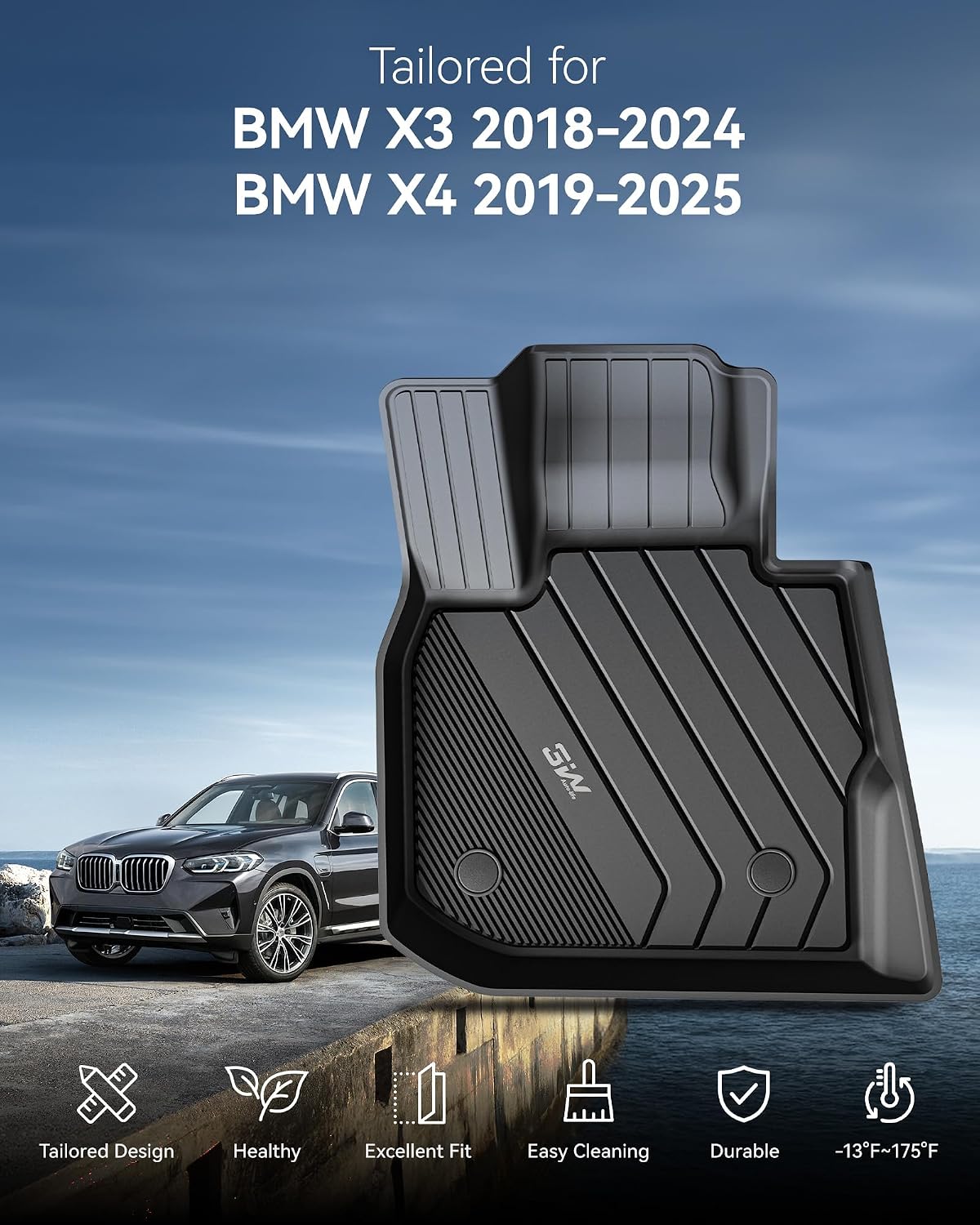 Thumbnail 1 de 3W All Weather Custom Fit Floor Mats for 2018-2024 BMW X3 & 2019-2025 BMW X4 (5-Piece) – Edge-to-Edge TPE Liners