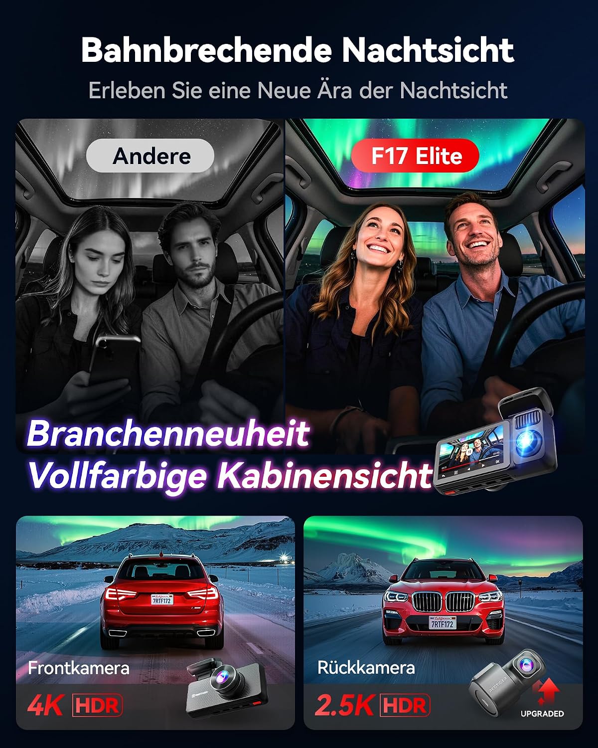 Detalle de REDTIGER F17 Elite 4K Dreikanal-Dashcam mit 128GB Speicher