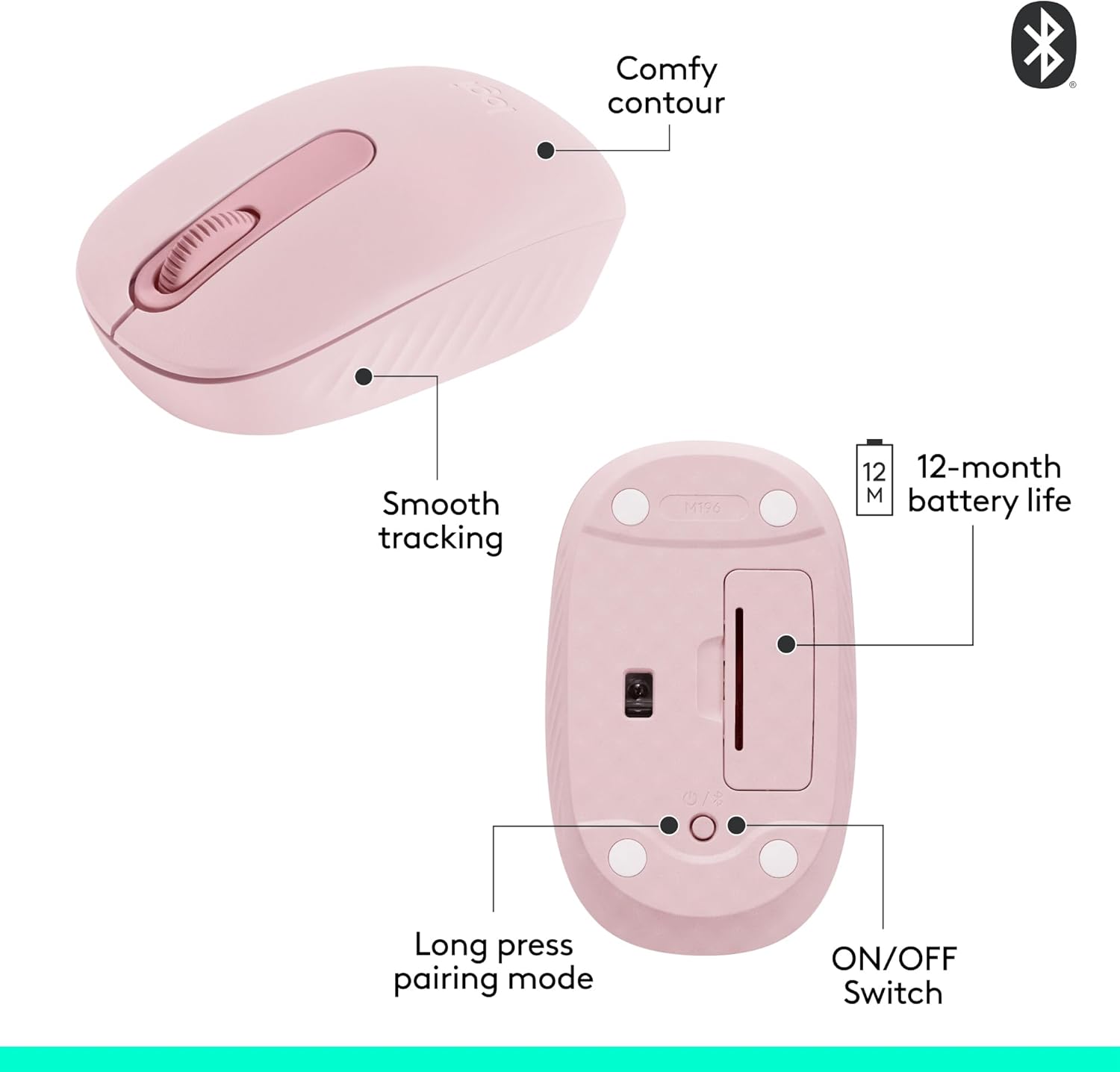 Thumbnail 6 de Logitech M196 Compact Bluetooth Mouse, Rose, Ambidextrous Design