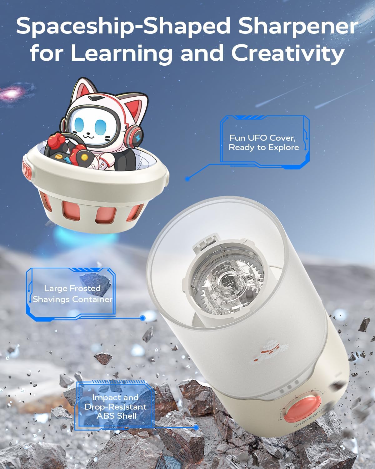 Thumbnail 4 de JUPITEARTH Electric Pencil Sharpener for Kids (Hands-Free, Rechargeable, Spaceship design) – Fits 6.9–11mm pencils