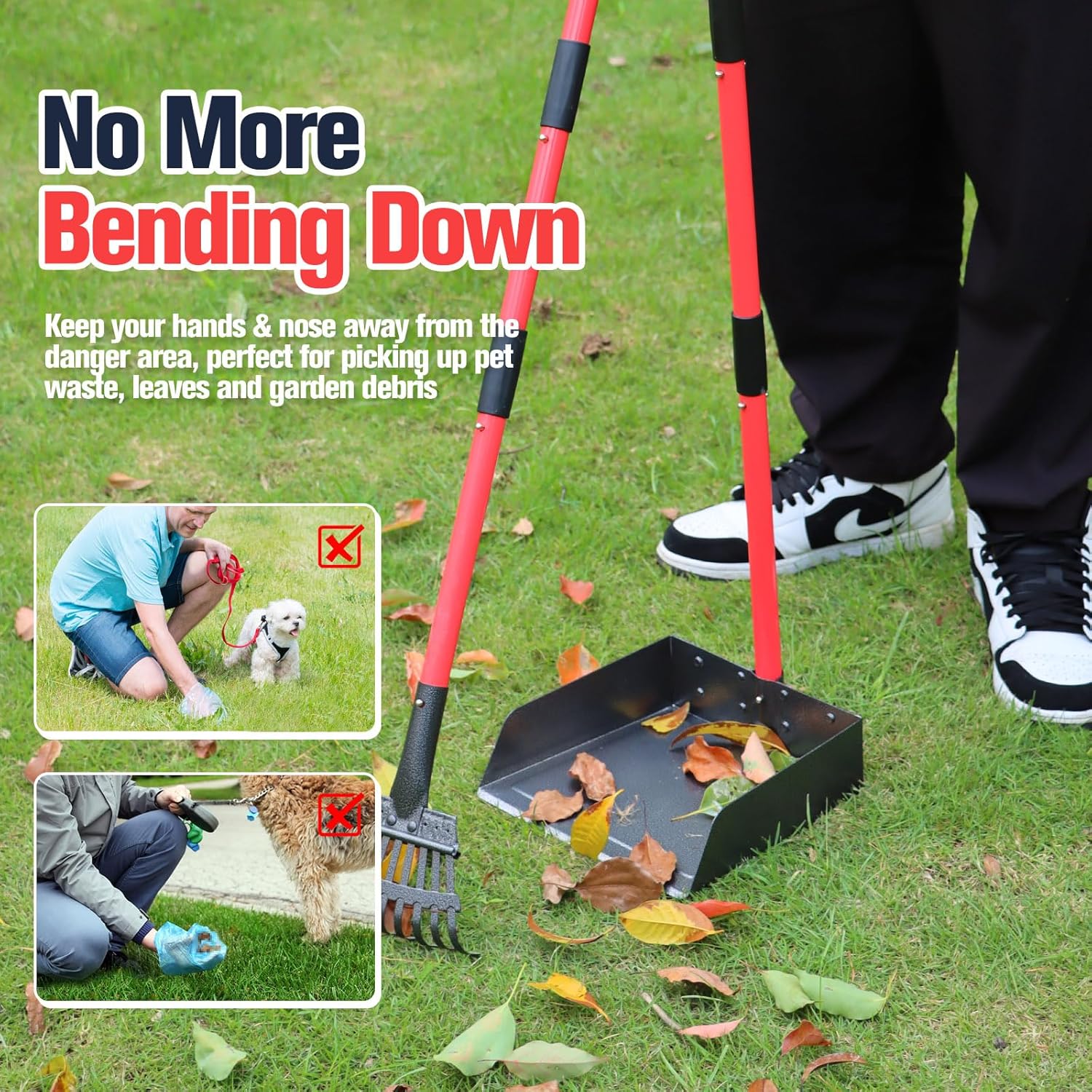 Detalle de Dog Pooper Scooper Tray, Rake & Shovel Kit with Adjustable Metal Long Handle (plus 10 Waste Bags)