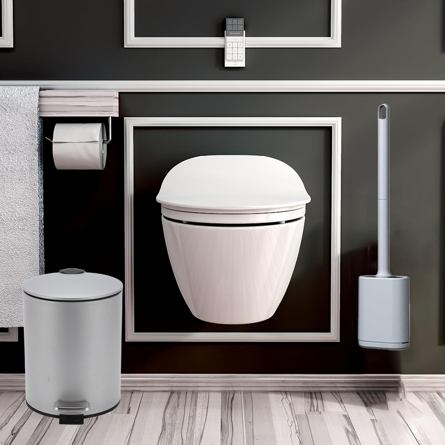 Detalle 2 de ianomla Kosmetikeimer Grau 3l – Edelstahl-Mülleimer fürs Bad mit Pedal, Inneneimer und WC-Bürsten-Garnitur