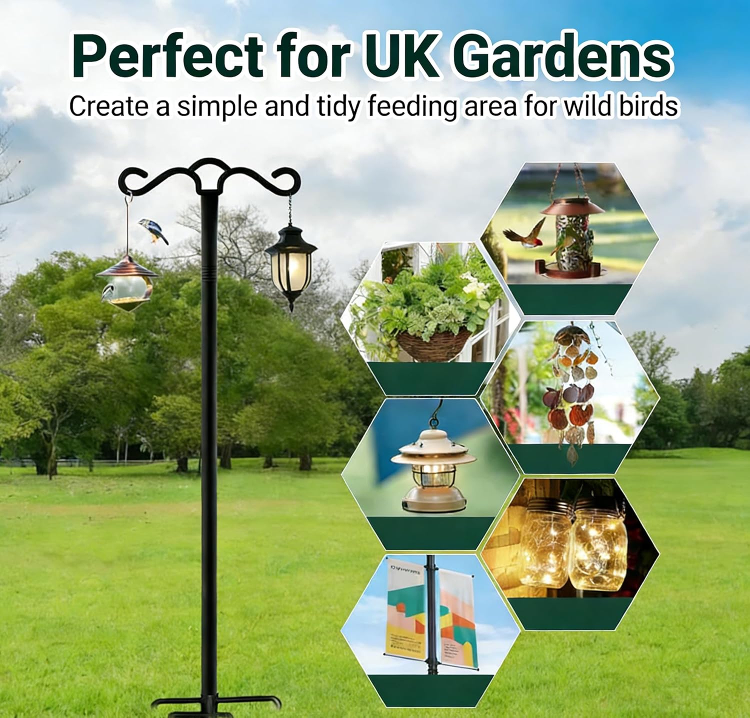 Detalle de QUZGVEXA bird feeder pole station (233cm) with shepherd’s crook hooks for garden lights and hanging décor