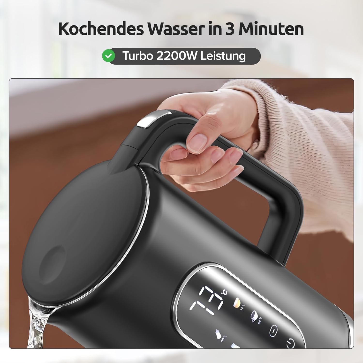 Detalle 2 de Olvy Elektrischer Wasserkocher 1,7 l mit Temperaturregelung, Warmhaltefunktion und Doppelwand-Edelstahl (schwarz)
