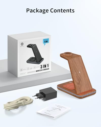 Detalle de GEEKERA Station de Charge 3 en 1 pour Apple – Bois, induction rapide pour iPhone, Apple Watch et AirPods