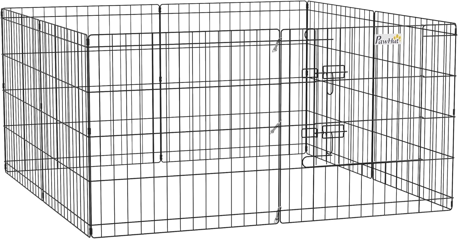 Parc modulable PawHut pour chiens et petits animaux – 8 panneaux en métal noir, pliant et verrouillable (61 x 61 cm par panneau)