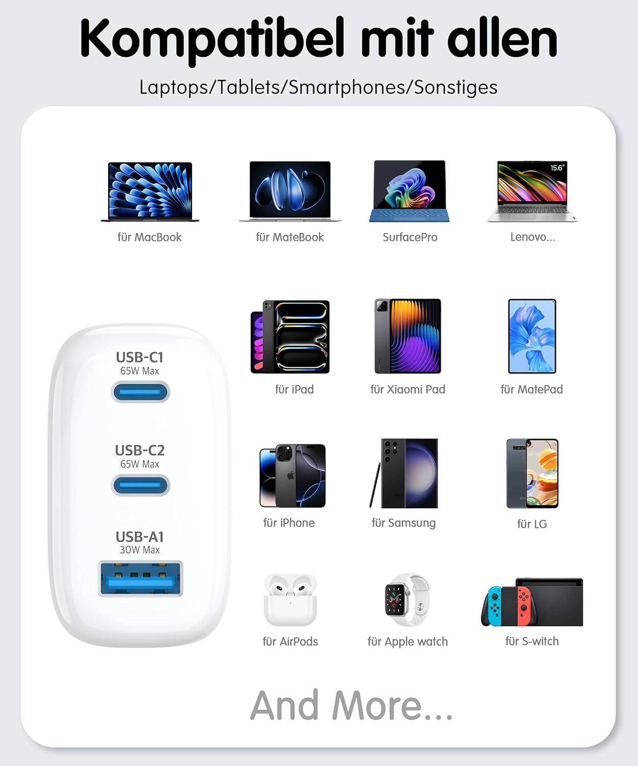 Detalle de HARIBO 65W USB-C Ladegerät mit drei Ports – GaN Schnellladegerät für MacBook, iPhone, Galaxy & mehr (blau)