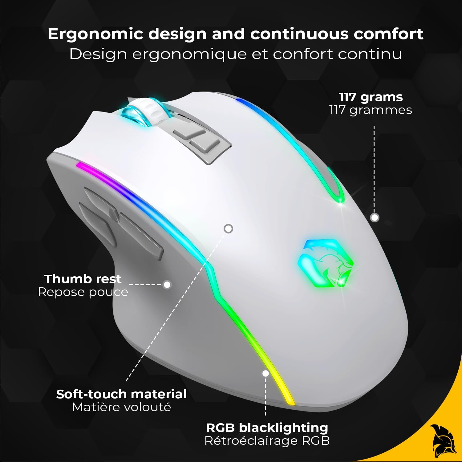 Detalle de EMPIRE GAMING RF908 — souris gamer sans fil rechargeable RGB (WiFi 2,4 GHz / Bluetooth / USB-C)