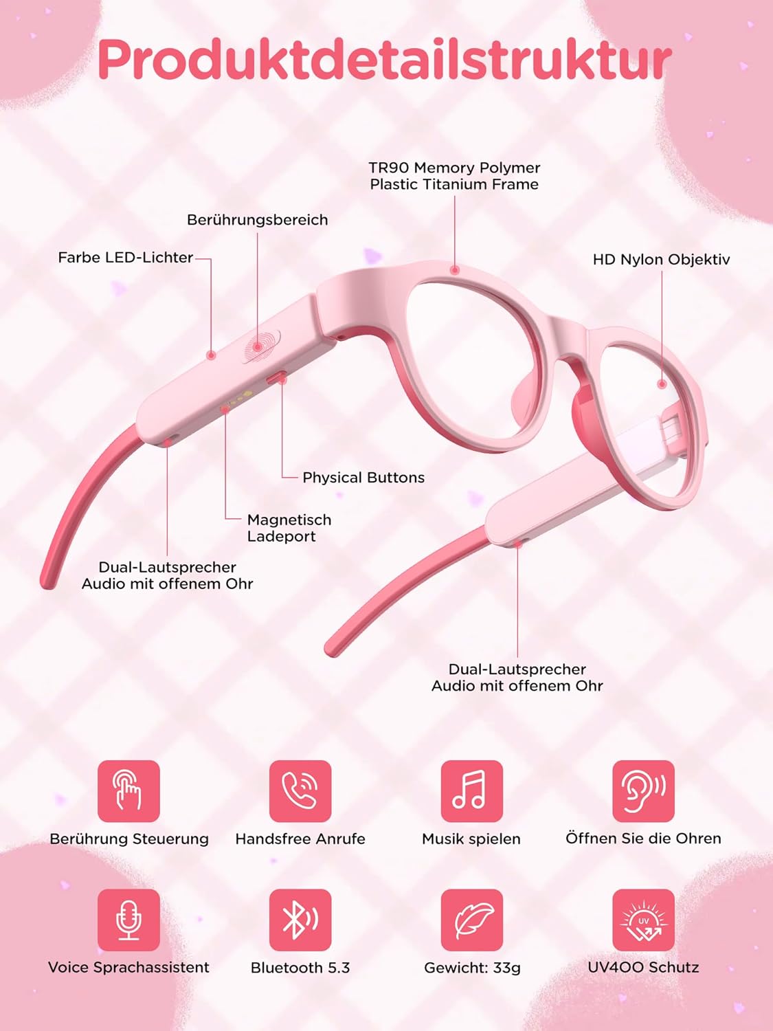 Detalle de XIYANGYANG Anti Blue Light Audio Glasses with Open-Ear Audio and RGB LEDs
