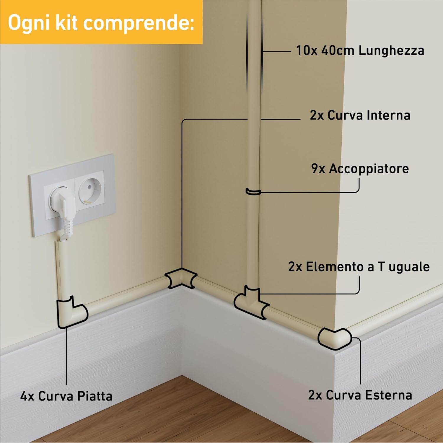 Detalle de D-Line Canalina passacavi 20x10 mm in multipack da 4 m, profilo semicircolare autoadesivo (magnolia)