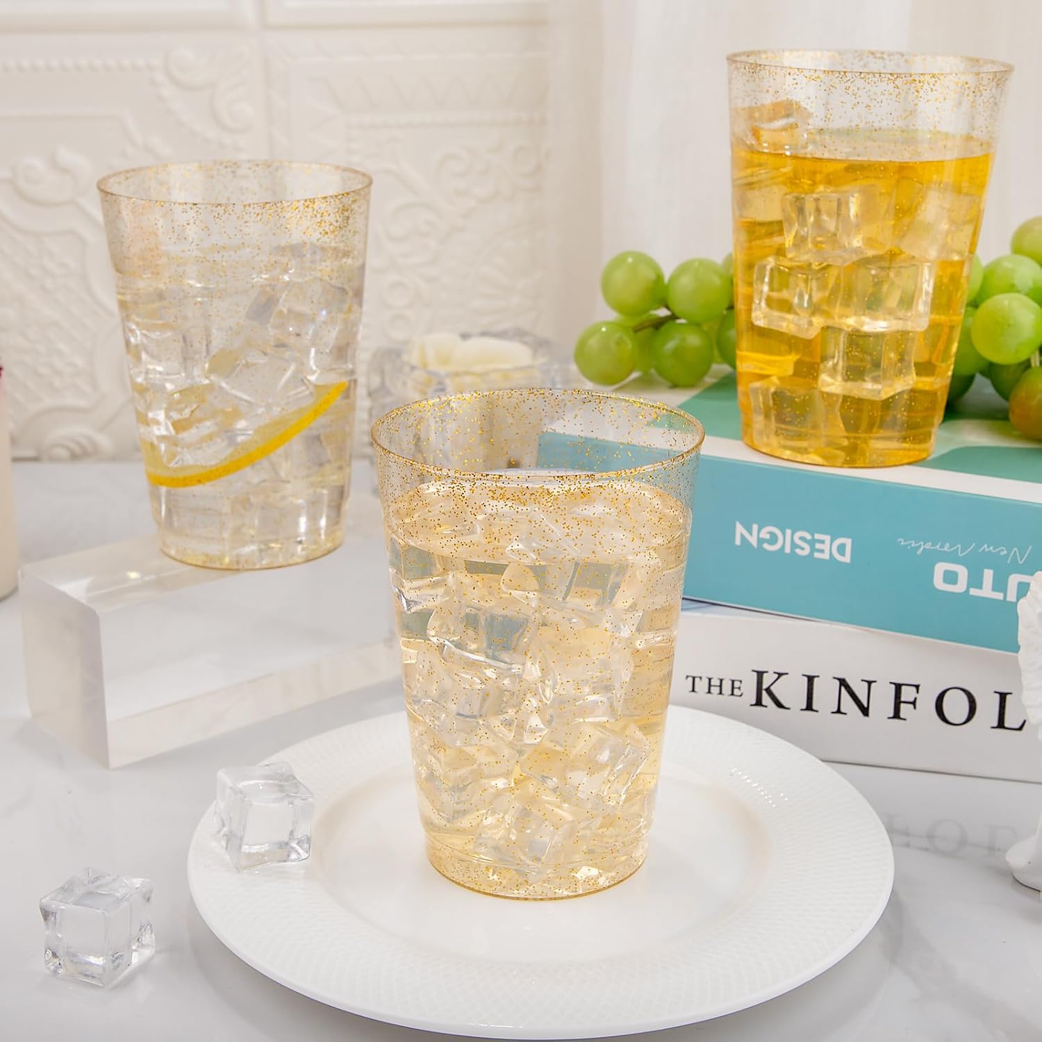 Detalle 2 de I00000 200 Pack 12 oz Gold Glitter Plastic Cups – Premium Disposable Glassware for Parties