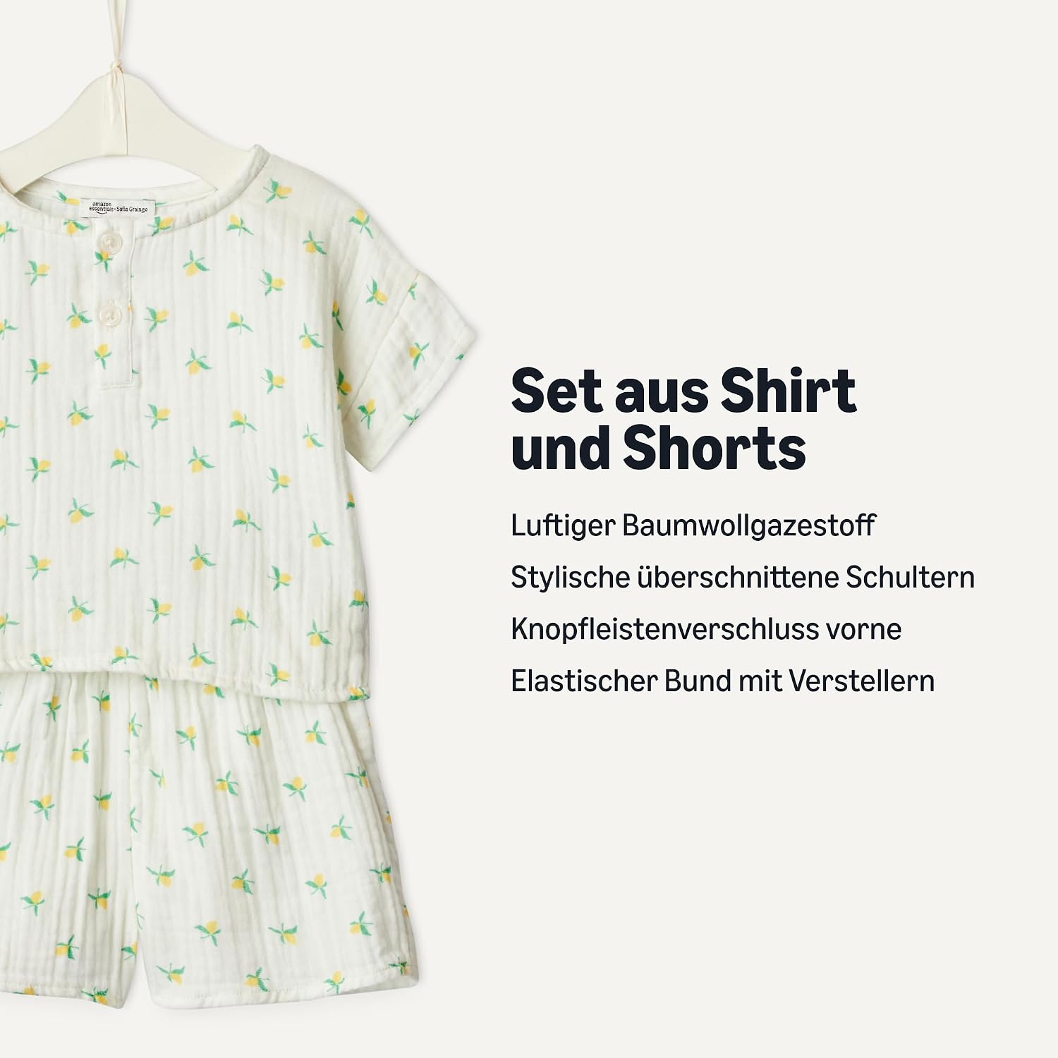 Detalle 2 de Amazon Essentials x Sofia Grainge Unisex Baby Spielset aus Baumwollgaze: Hemd und Shorts