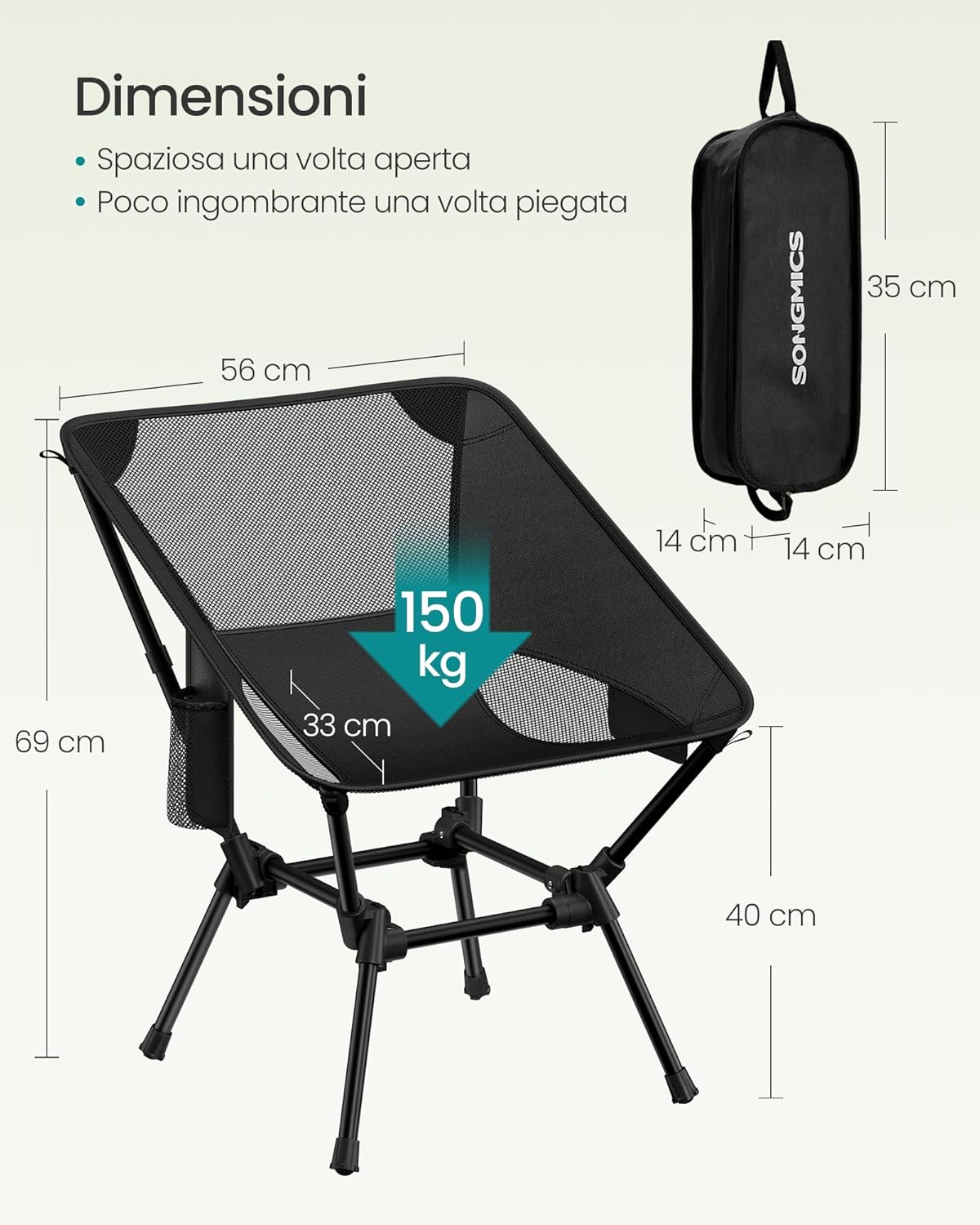 Detalle de SONGMICS Sedia da Campeggio GCB050BZ01: sedia da esterno pieghevole in acciaio, altezza regolabile