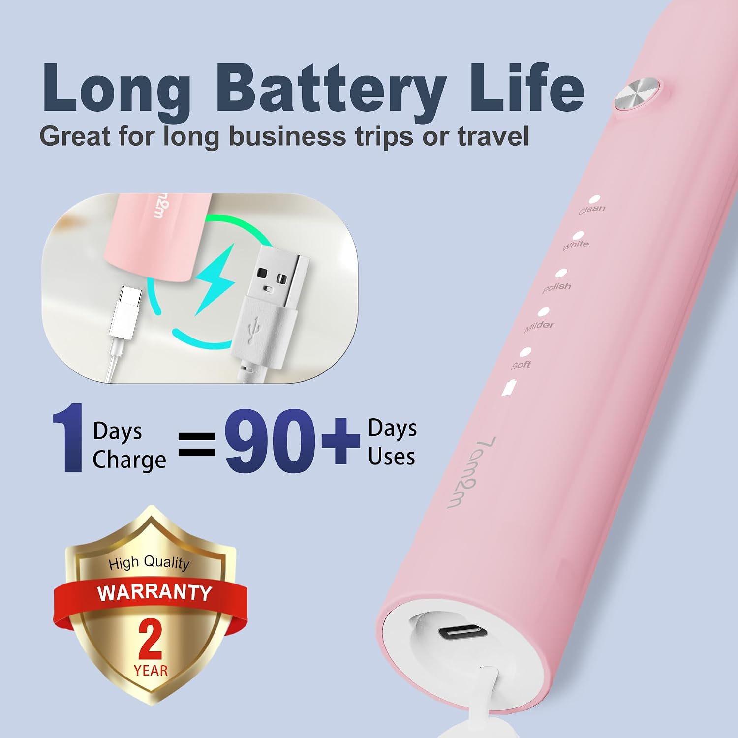 Thumbnail 5 de 7AM2M Sonic Electric Toothbrush for Adults & Kids (Pink) – 8 Heads, 5 Modes, 90-Day Battery