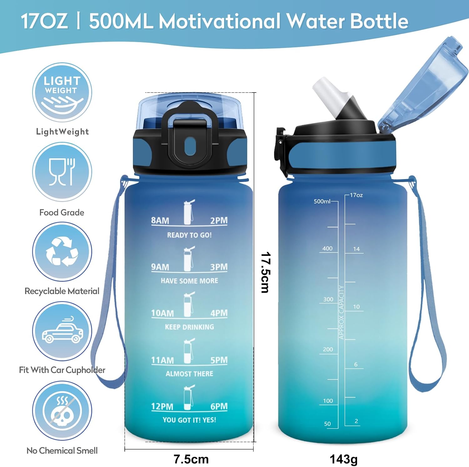Detalle 1 de KollyKolla TY-SYXZG-500ML-JB-Blue-Green – butelka sportowa 500 ml ze słomką i znacznikiem czasu