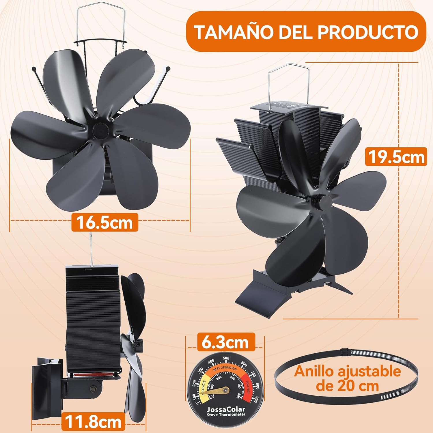 Detalle 2 de JossaColar Ventilador magnético para chimenea 6 cuchillas