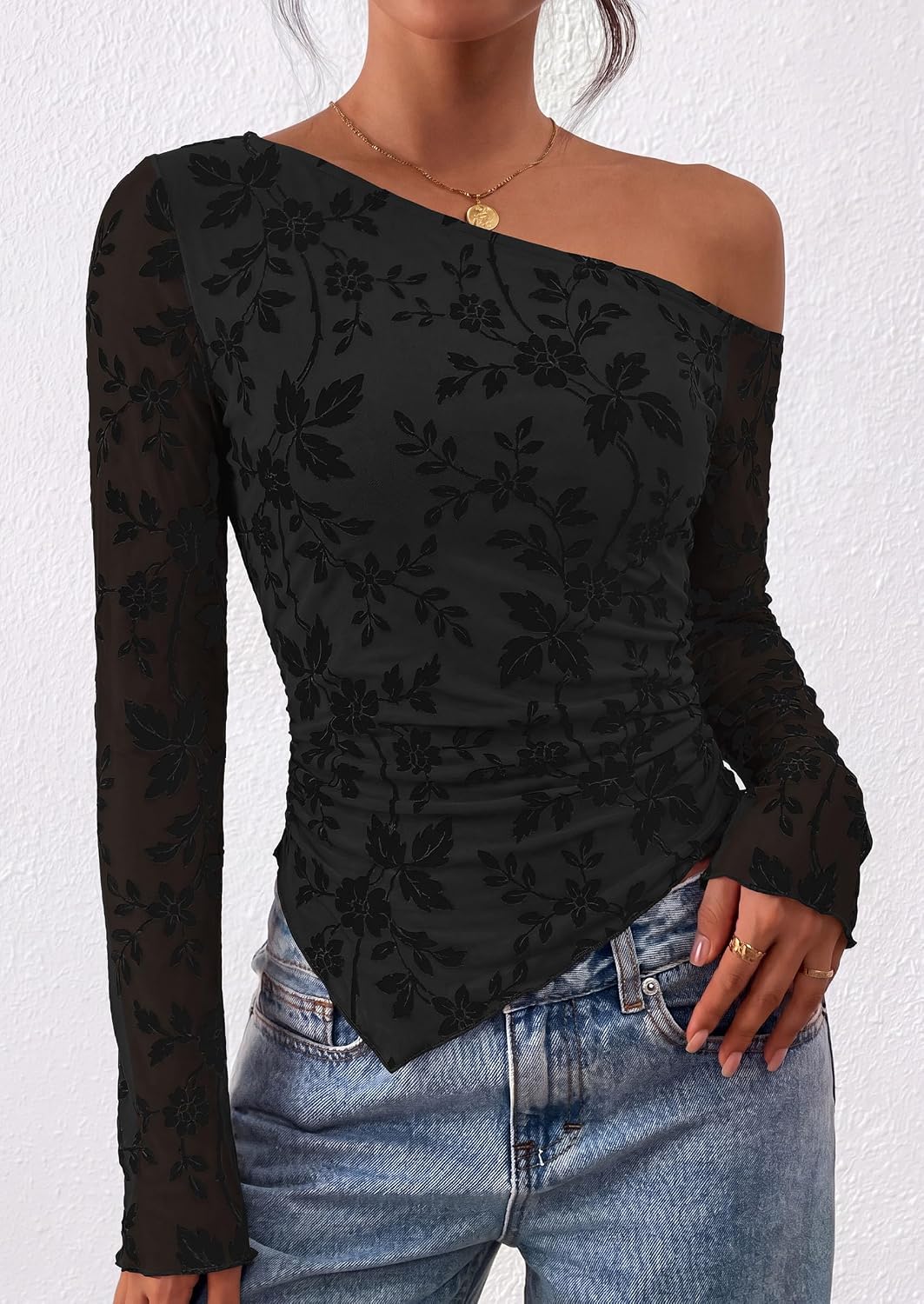 Detalle 2 de PRETTYGARDEN Off-Shoulder Mesh Top, Long Sleeves, Floral Tie-Dye, Asymmetrical Hem